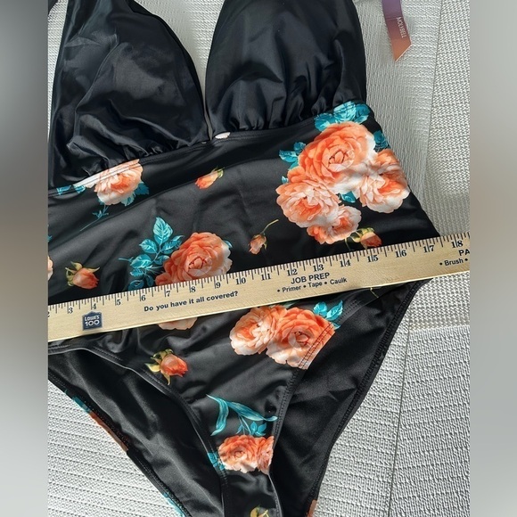 FLORAL SWIMSUIT XL One Piece Halter Back Out Deep V Neck Plunge Wireless Women - Picture 7 of 12